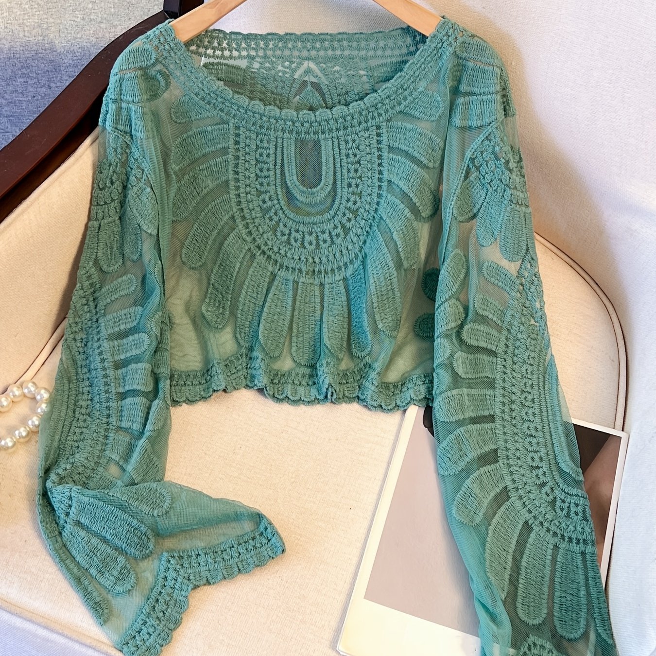 TEMU Damski letni sweter w stylu bohemy z okrągłym dekoltem, długimi rękawami i haftem z koronki