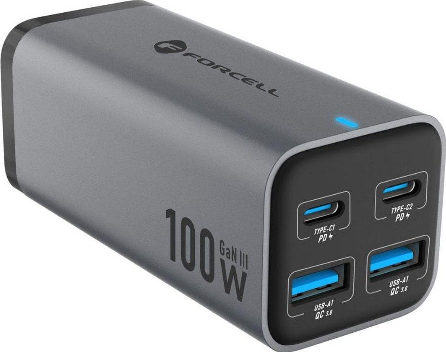 FORCELL F-ENERGY GaN III VT-49 ładowarka biurkowa 2 x Typ C + 2 x USB A PD QC4.0 SFC2.0 5A 100W szara