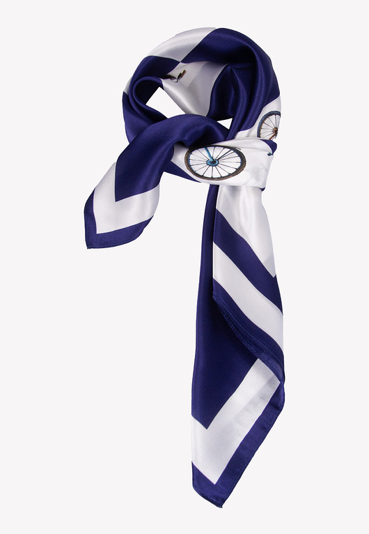 Modna apaszka damska jedwabna niebieska z motywem rowerów 68 cm x 68 cm