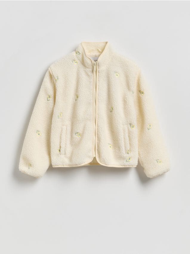 Reserved - Kurtka polarowa z haftem - złamana biel