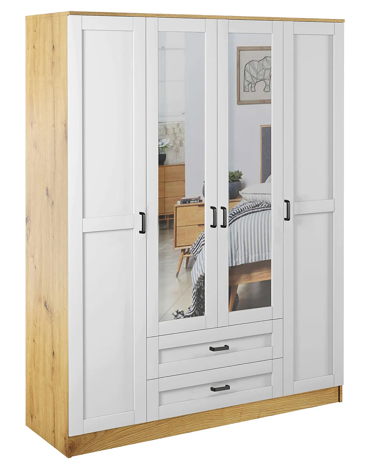 Czterodrzwiowa szafa z lustrem dąb artisan + biały E5-B29