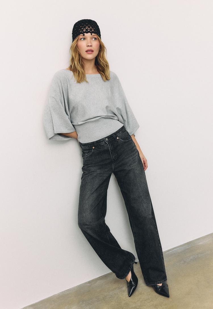 Stradivarius Dzianinowy sweter z nietoperzowymi rękawami Popielaty XL