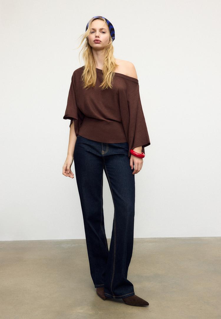 Stradivarius Dzianinowy sweter z nietoperzowymi rękawami Brązowy M