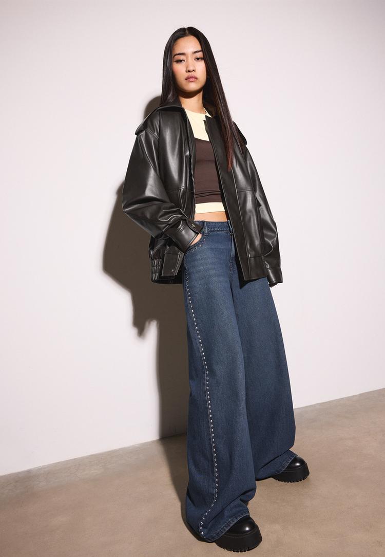 Stradivarius Kurtka biker oversize ze sztucznej skóry Brązowy M