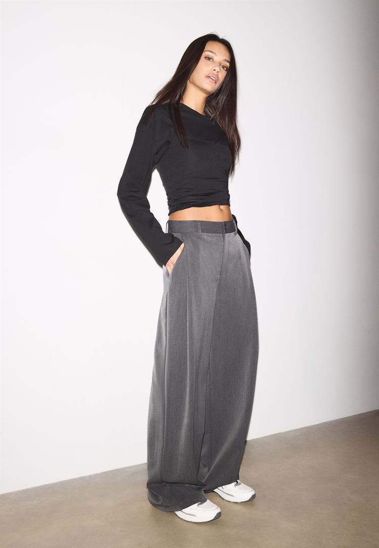 Stradivarius Eleganckie spodnie barrel z zaszewkami Ciemnoszary 36