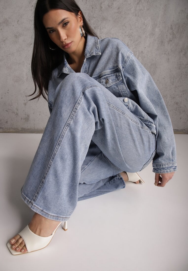 Niebieskie Jeansy Szerokie z Bawełny High Waist Ozdobione Perełkami i Wycięciami Nenelsea