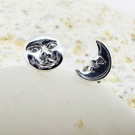 Srebrne kolczyki słońce i księzyc, sztyfty