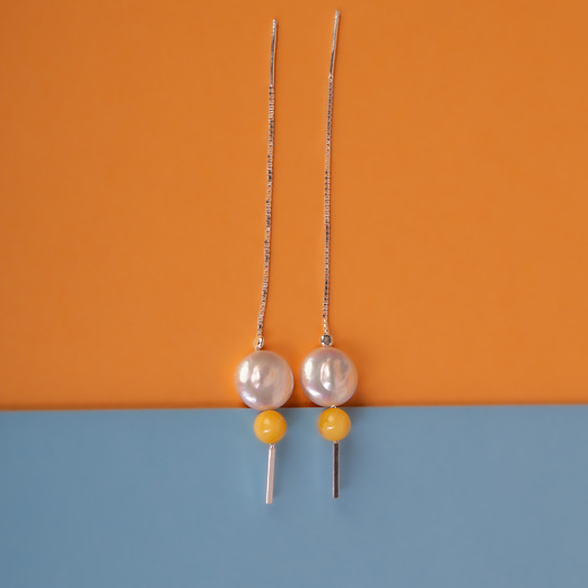 Kolczyki wiszące srebrne z perłą i bursztynem