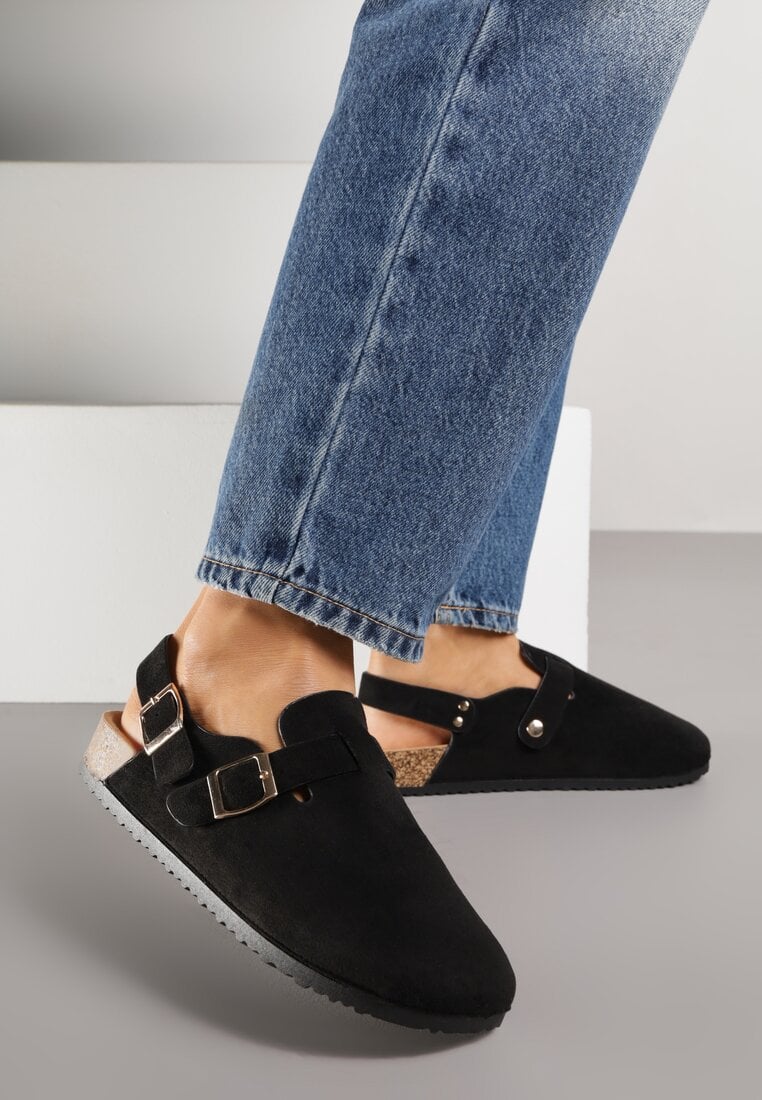 Czarne Sandały Typu Chodaki z Klamrami Silvermore