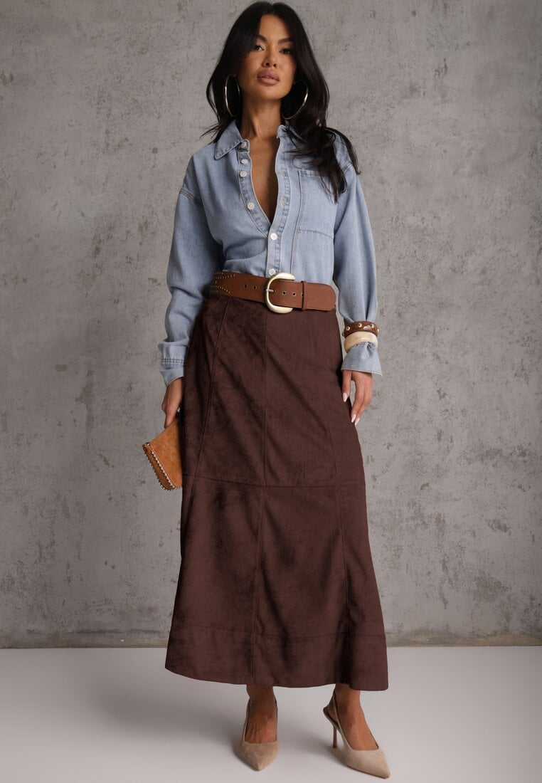 Brązowa Gładka Spódnica z Imitacji Zamszu o Rozkloszowanym Kroju Nettia