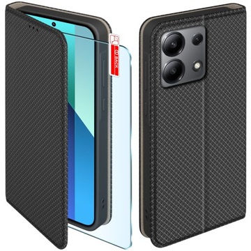 Etui z klapką do Xiaomi Redmi Note 13 4G Zamykane Czarne Futerał Szkło 9H