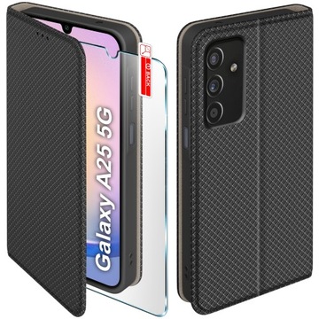 Etui z klapką do Samsung A25 5G Zamykane Czarne Futerał Szkło 9H