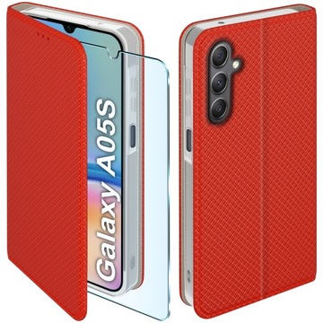 Etui z klapką do Samsung Galaxy A05S Zamykane Czerwone Futerał Szkło 9H