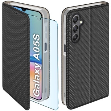 Etui z klapką do Samsung Galaxy A05S Zamykane Czarne Futerał Szkło 9H