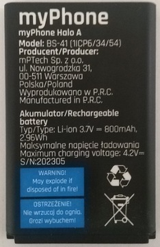 Oryginalna bateria mptech BS-41 do myphone Halo A, Halo A+ 800mAh