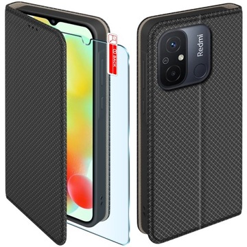 Etui z klapką do Xiaomi Redmi 10C 12C Zamykane Czarne Futerał Szkło 9H