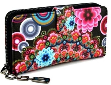 Portfel Damski w Kwiaty Podwójny organizer rozbudowany Duży na zamek