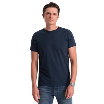 Klasyczny T-shirt męski bawełniany Basic granatowy V2 OM-TSBS-0146 L