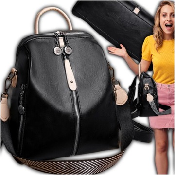 Skórzany Plecak Czarny Wodoodporny Damski Pojemny 2w1 Szkoły Pracy Miejski