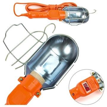 Lampa Warsztatowa Robocza 230V E27 Metalowa Osłona Kabel 5m Hak