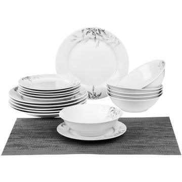 Serwis Obiadowy Porcelanowy 18EL 6OSÓB Komplet Zestaw Talerzy Biały Czarny