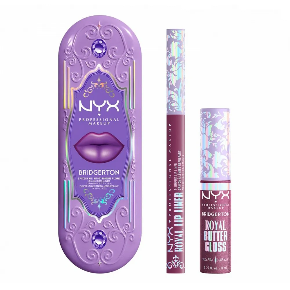 NYX Professional Makeup Bridgerton Royal Treasures Lip Kit 02 zestaw do makijażu ust błyszczyk Royal Butter Gloss Amethyst Amour 8 ml + konturówka Ro