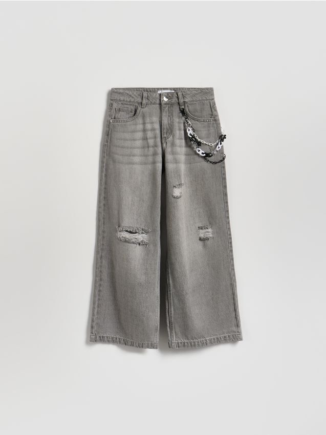 Reserved - Jeansy super wide leg z łańcuszkiem - jasnoszary