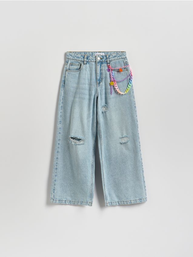 Reserved - Jeansy super wide leg z łańcuszkiem - niebieski