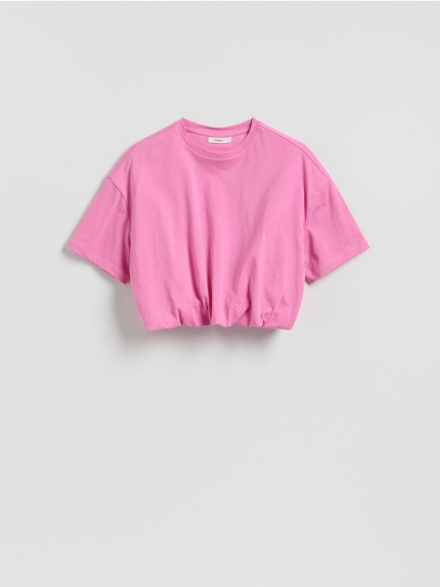 Reserved - Krótki t-shirt z marszczeniem - różowy