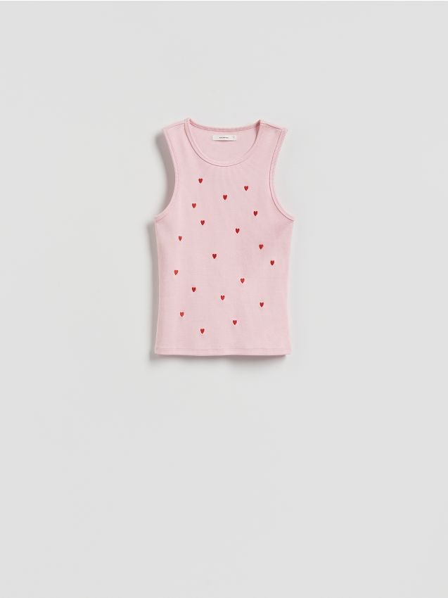 Reserved - Bawełniany top z haftem - pastelowy róż