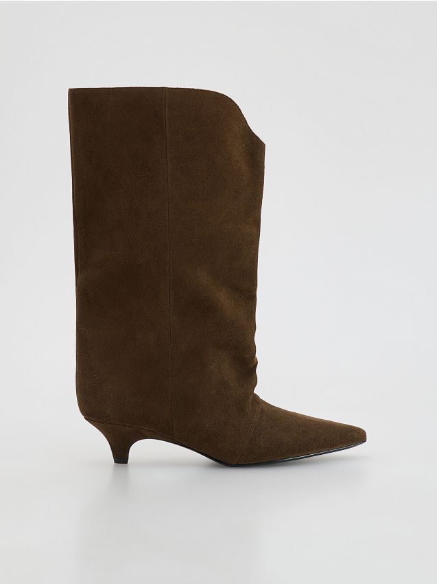 Reserved - Zamszowe kozaki na obcasie - ciemnobrązowy