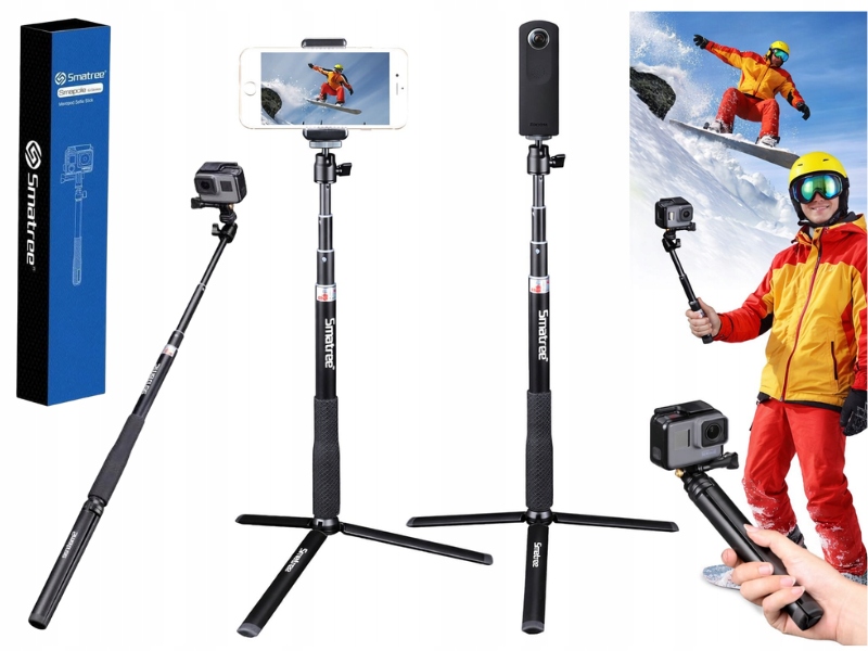 Selfie Stick Statyw Do Karer Gopro I Telefonów 93 CM Czarny Składany Stojak