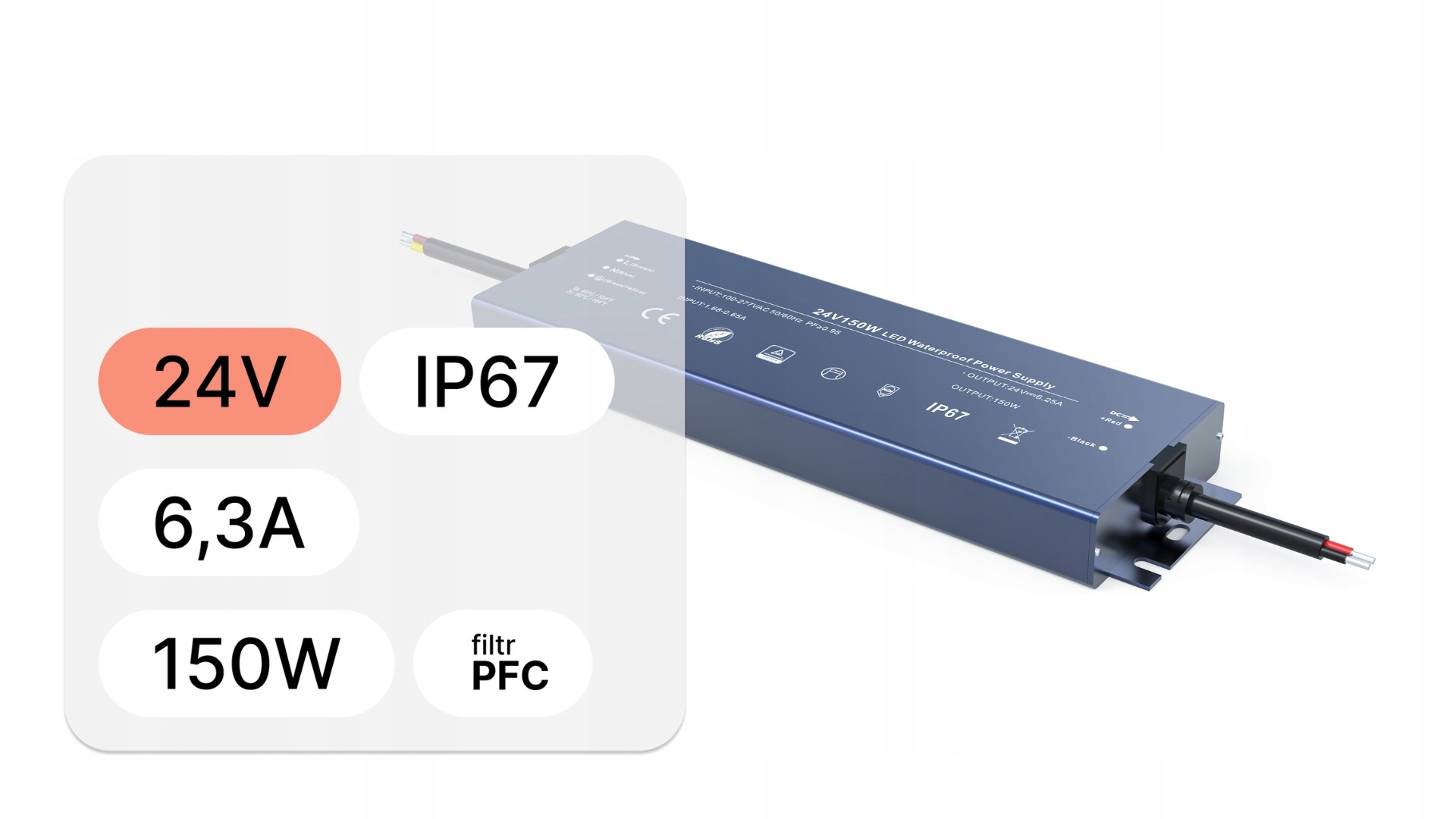 Zasilacz do Led wodoszczelny seria D 24V IP67 6,3A 150W