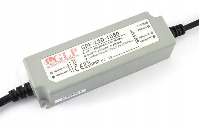 GLP GPF-25D-1050: zasilacz impulsowy prądowy 25W 1050mA/15~24VDC , IP67, funkcj