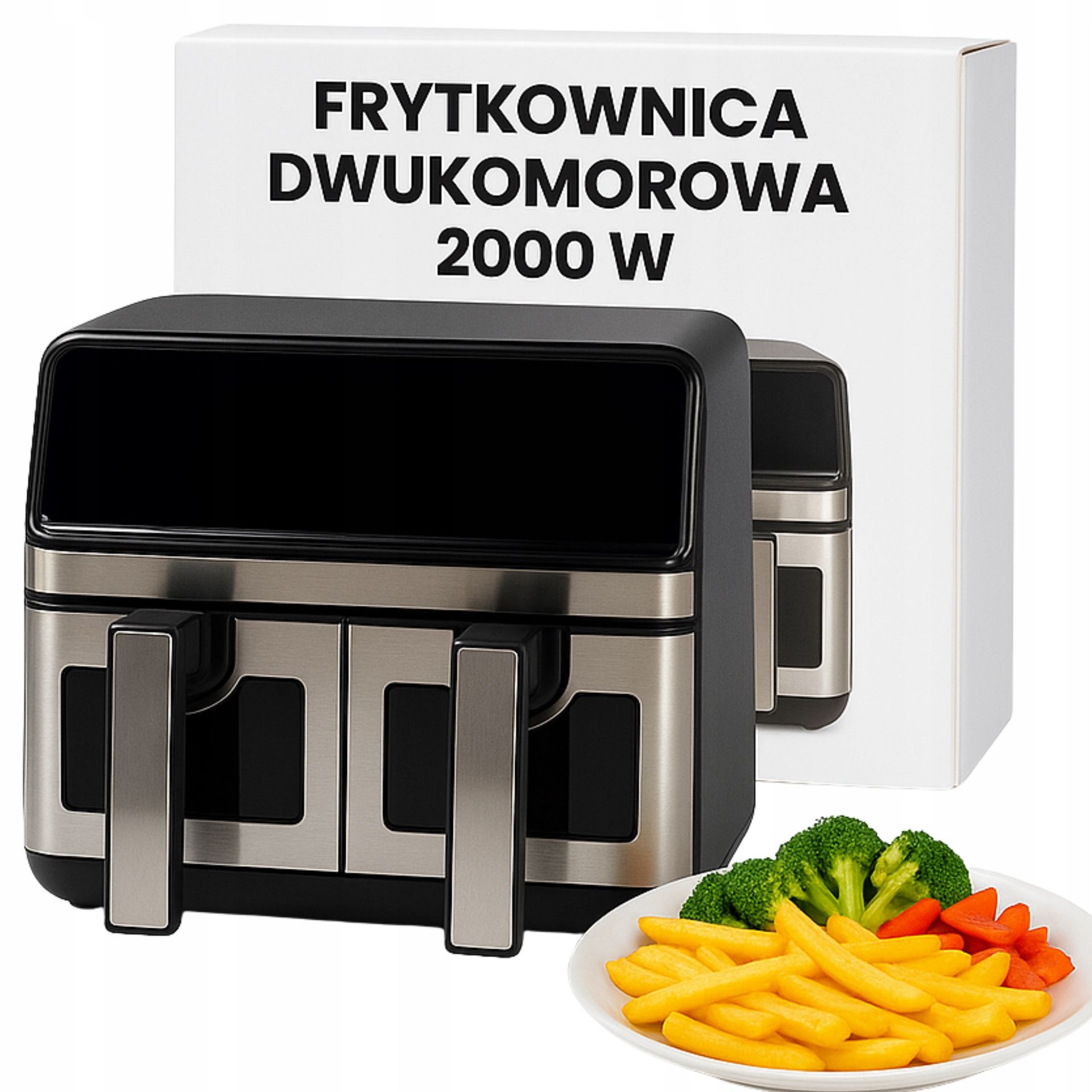 Frytkownica Beztłuszczowa Dwukomorowa 9L Air Fryer 2000W 10 Programów Led