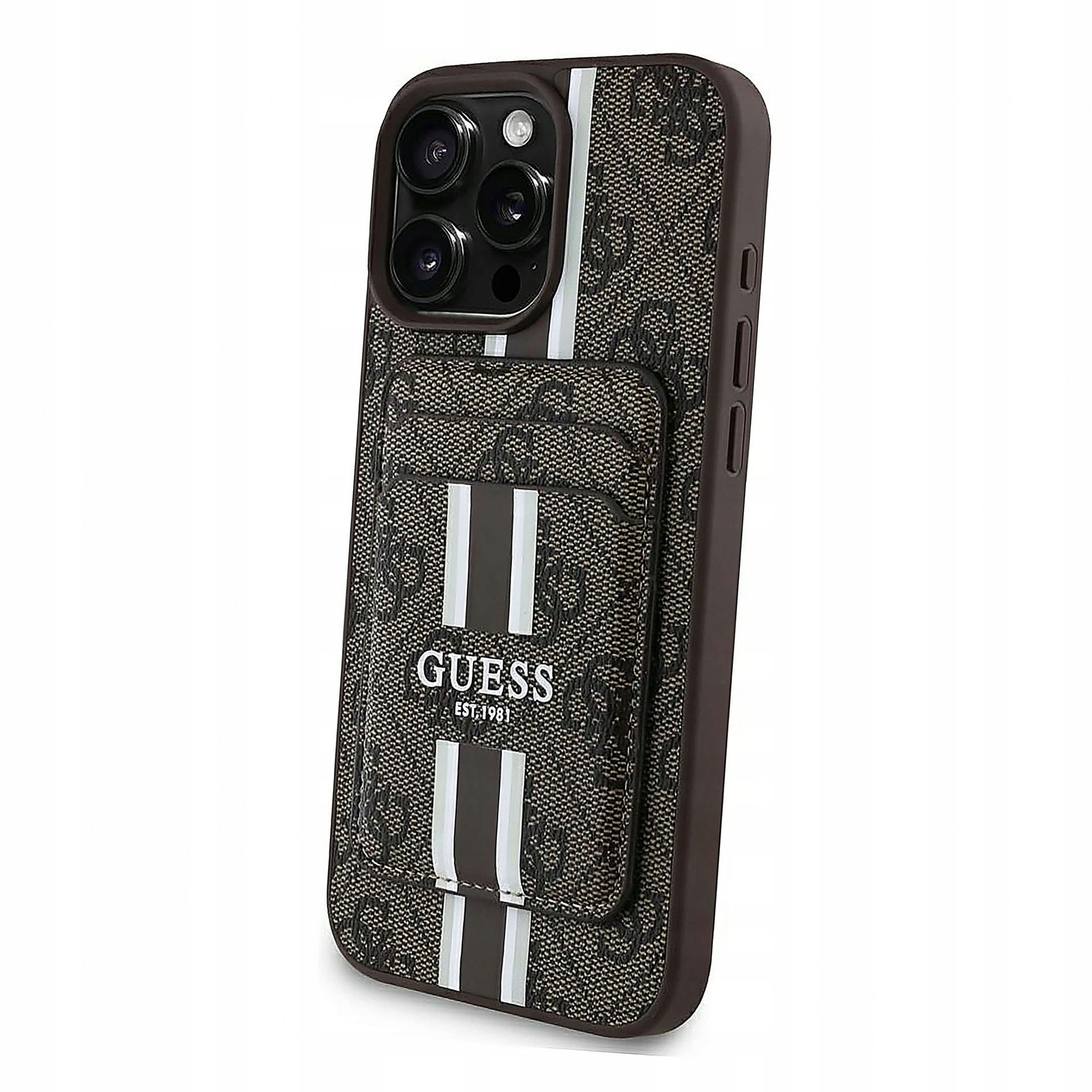 Etui Guess 4G Stripes z portfelem Magsafe do iPhone 16 Pro Max brązowy