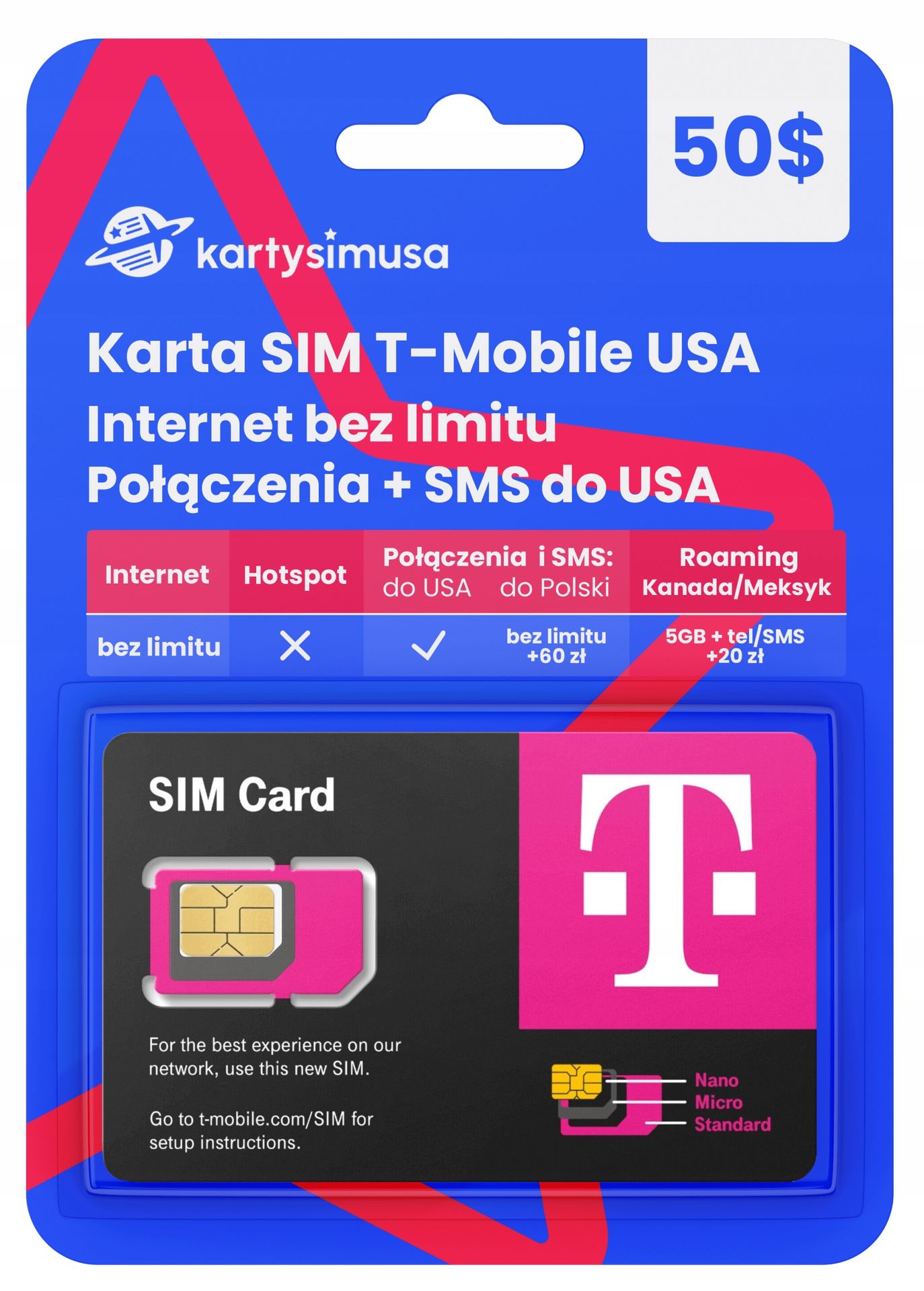 Karta Sim T-Mobile Usa 50$ internet bez limitu