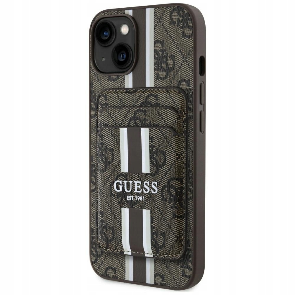Etui do iPhone 15 Guess MagSafe 4G Stripes z portfelem Brązowy