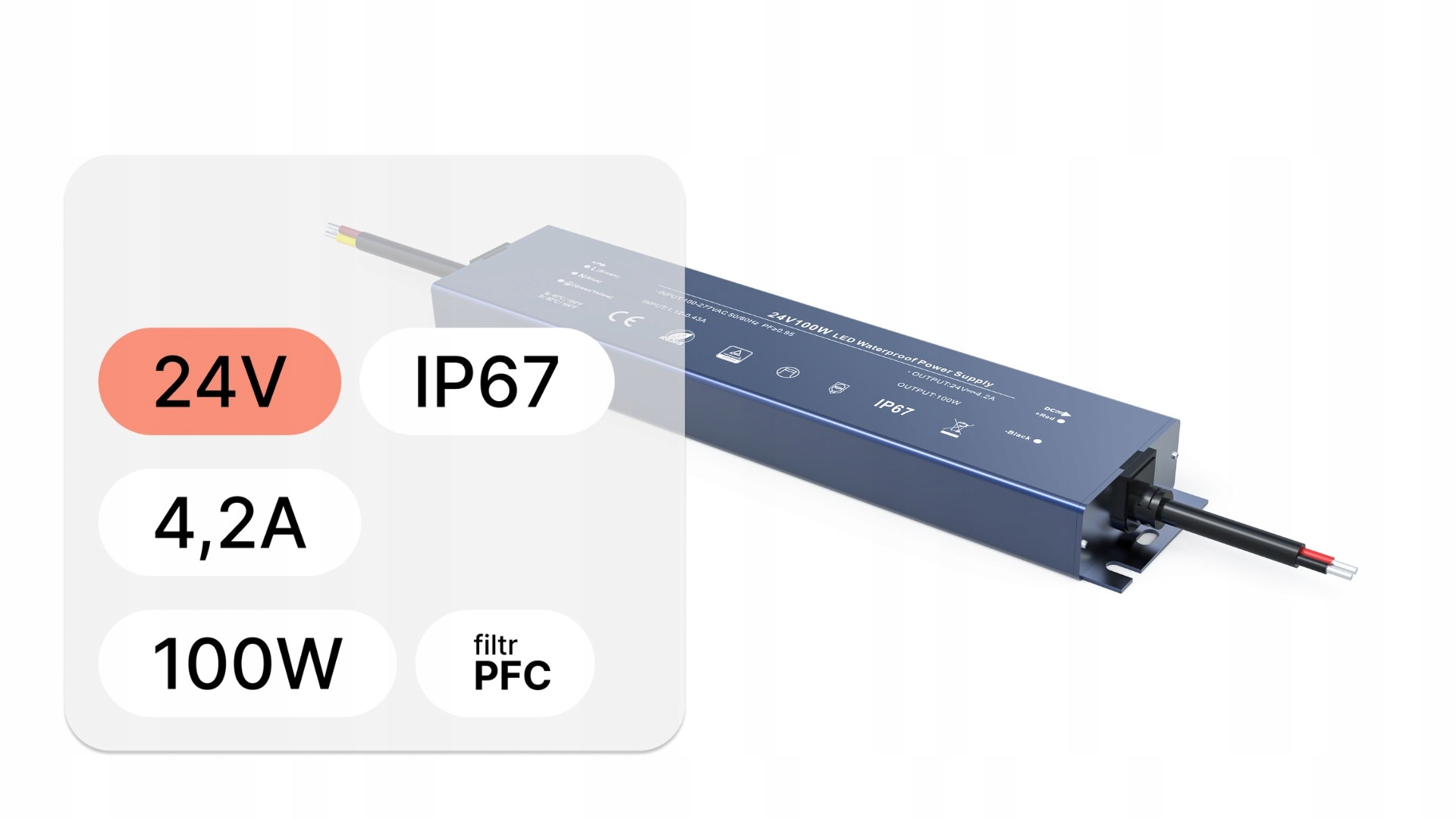Zasilacz do Led wodoszczelny seria D 24V IP67 4,2A 100W