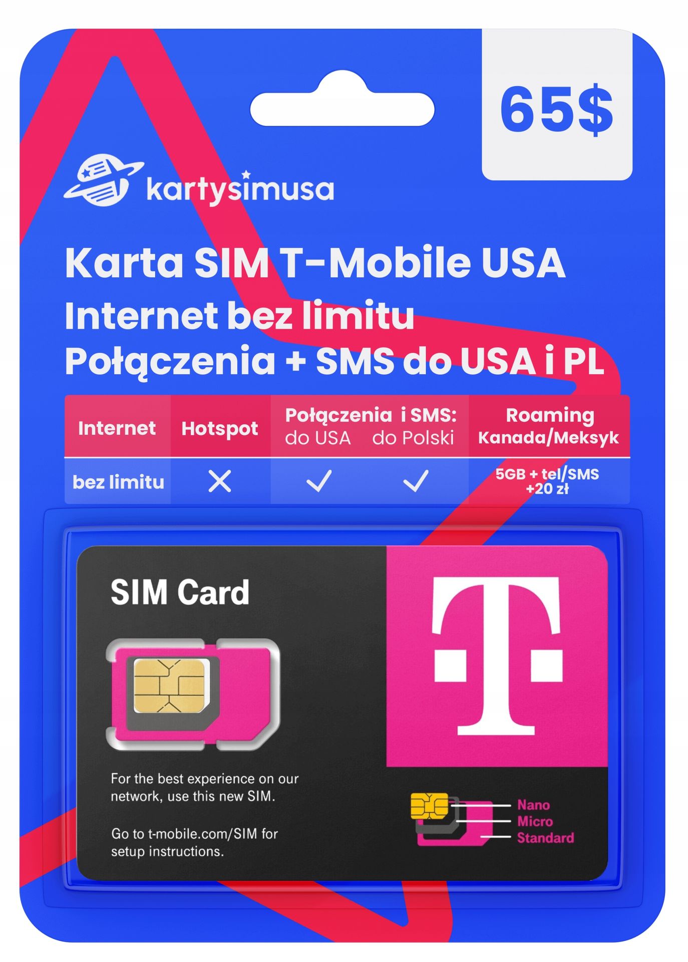 Karta Sim T-Mobile Usa 65$ bez limitu+PL