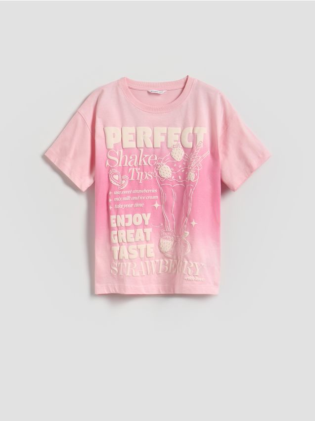 Reserved - Luźny t-shirt z nadrukiem - pastelowy róż