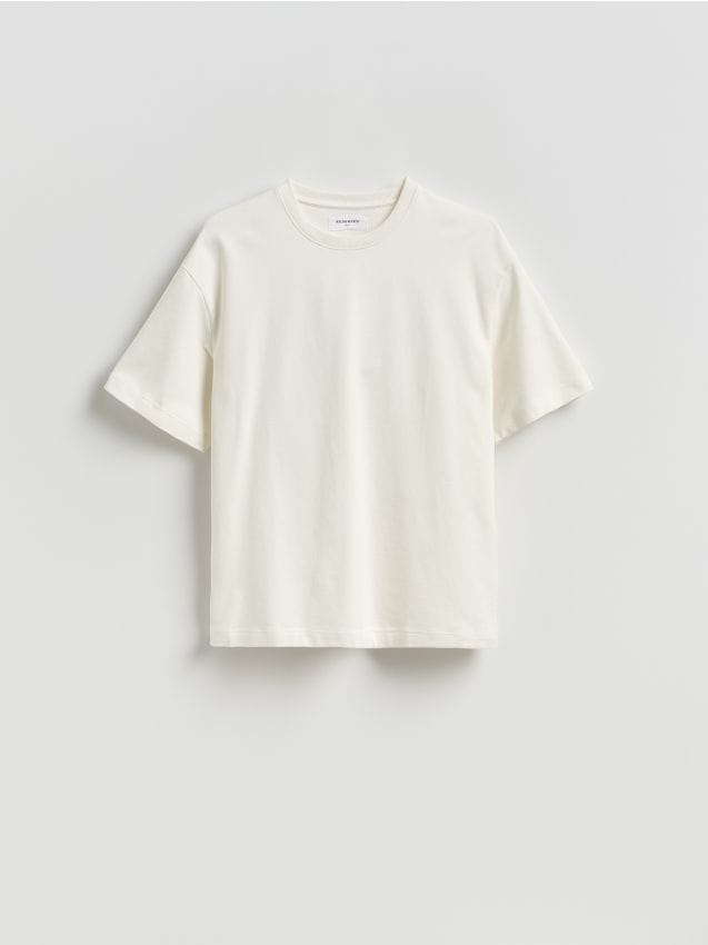 Reserved - Bawełniany t-shirt boxy - złamana biel
