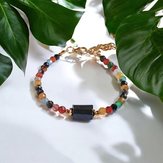 Czarny turmalin i agat jesienny : bransoletka z regulacją