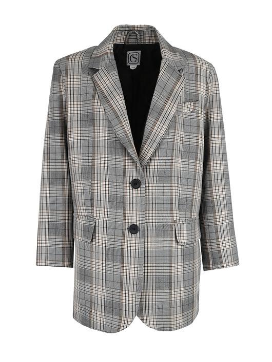 CS - Premium damska wiskozowa marynarka szara w kratę oversize