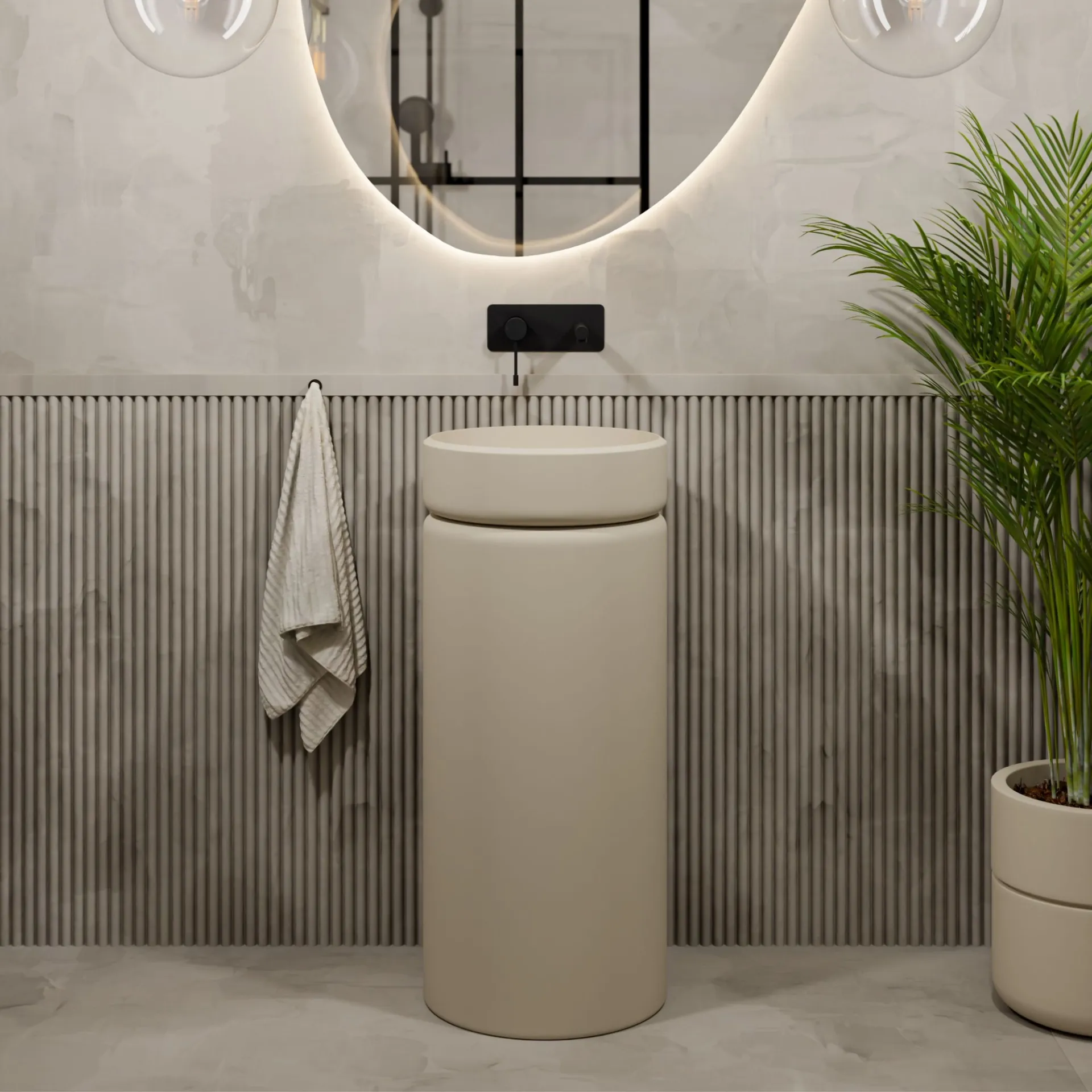 Massi Umywalka z konglomeratu wolnostojąca okrągła beżowa matowa 85 x 40 cm RONA Beige Matt