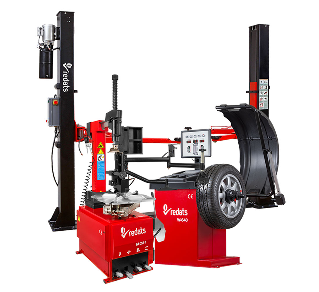 Zestaw Redats Montażownica M-221 Ramię 3D-1 Wyważarka W-640 Podnośnik dwukolumnowy L-220