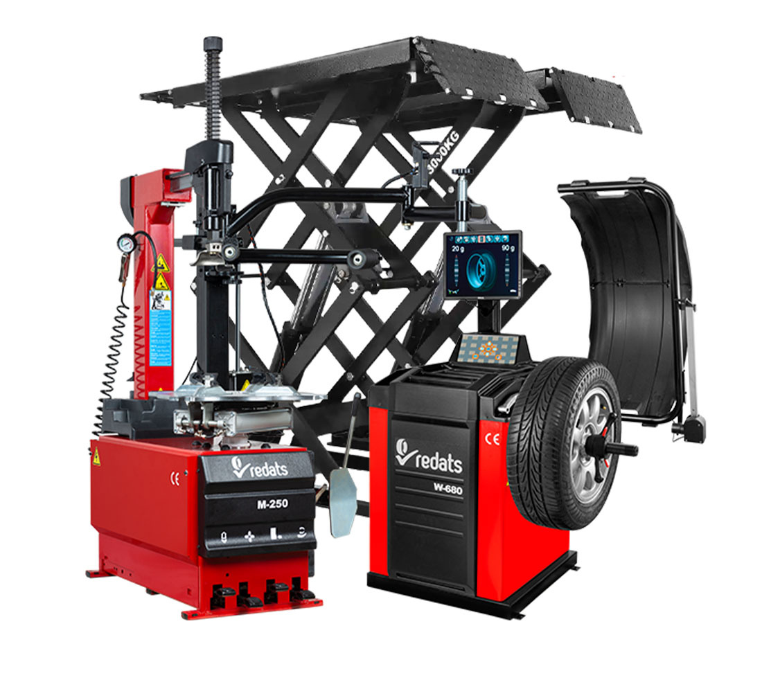 Zestaw Montażownica M-250 z Ramieniem 3D-2 + Wyważarka W-680 + Podnośnik nożycowy L-600
