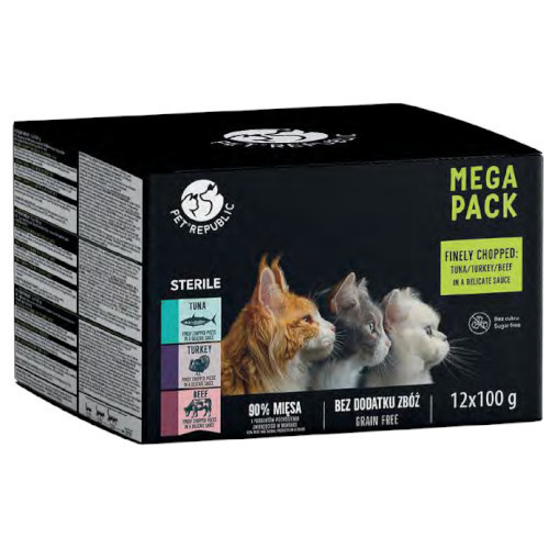 PETREPUBLIC Mega Pack Steril Tuńczyk, indyk, wołowina - mokra karma dla kota - 12x100g