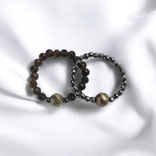 Zestaw pierścionków : obsydian złoty, piryt, hematyt