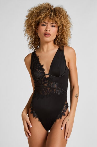 Hunkemöller Body Malou z Koronki z Fiszbinami Czarny